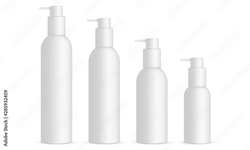 Set of cosmetic bottles with pump 120ml, 100ml, 60ml, 30ml, isolated on white background. Vector illustration Set of cosmetic bottles with pump 120ml, 100ml, 60ml, 30ml, isolated on white background. Vector illustration