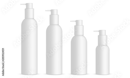 Set of cosmetic bottles with pump 120ml, 100ml, 60ml, 30ml, isolated on white background. Vector illustration
