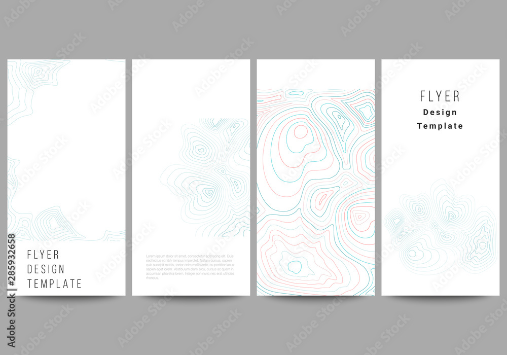 The minimalistic vector illustration of the editable layout of flyer, banner design templates. Topographic contour map, abstract monochrome background.