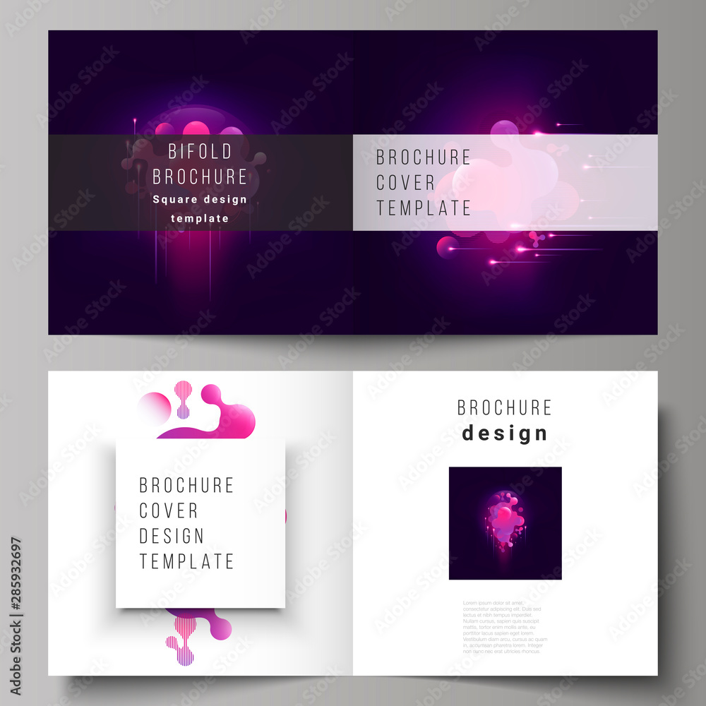 The black colored vector layout of two covers templates for square design bifold brochure, magazine, flyer, booklet. Black background with fluid gradient, liquid pink colored geometric element.