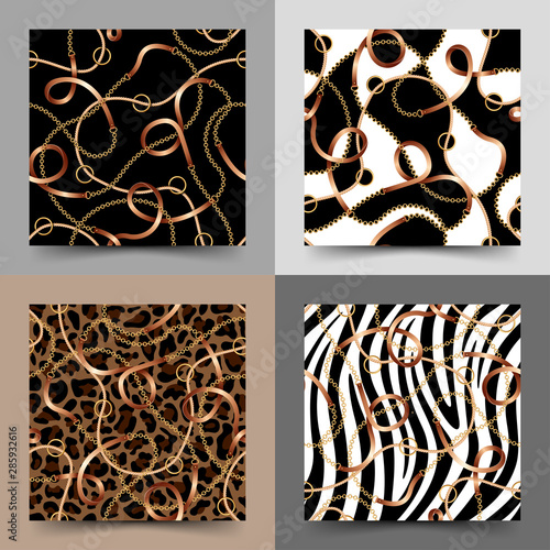 Set of seamless pattern with belts, chains and rope