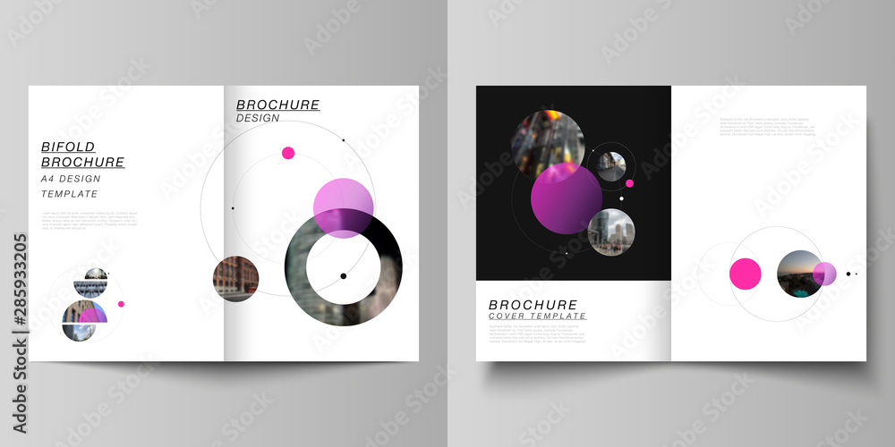 Vector layout of two A4 format modern cover mockups design templates for bifold brochure, flyer, booklet. Simple design futuristic concept. Creative background with circles that form planets and stars