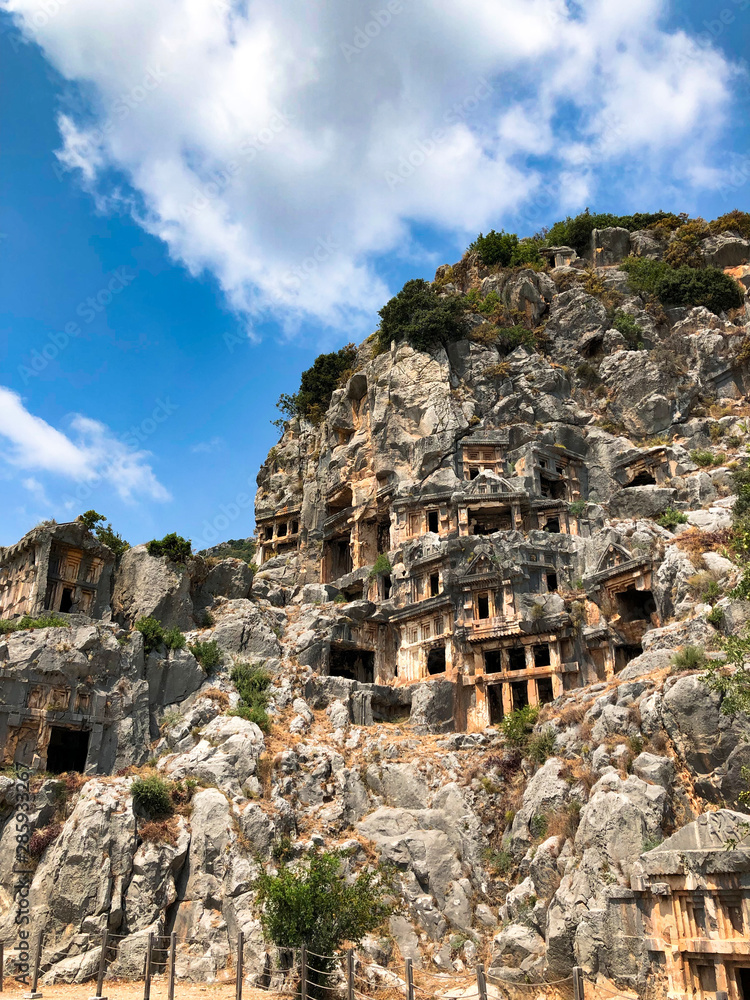 Rock-cut tombs in Myra Ancient City of Lycia. Demre Antalya Turkey 