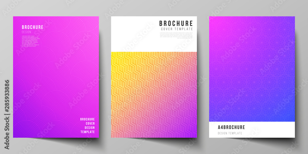 The vector layout of A4 format modern cover mockups design templates for brochure, magazine, flyer, booklet, annual report. Abstract geometric pattern with colorful gradient business background.