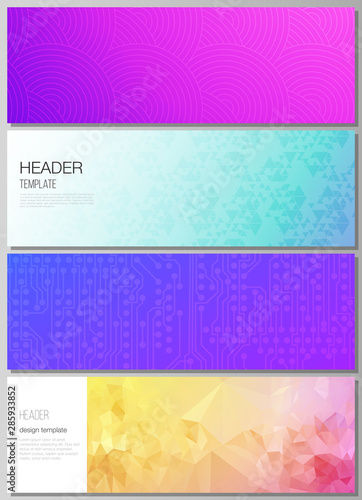 The minimalistic vector illustration of the editable layout of headers, banner design templates. Abstract geometric pattern with colorful gradient business background.