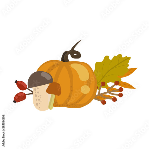 Composition with leaves and berries. Beautiful autumn boutonniere with pumpkin, berries and leaves.