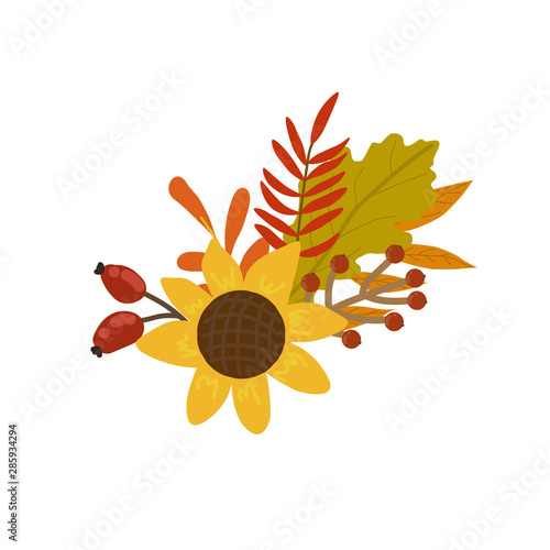 Composition with leaves and berries. Beautiful autumn boutonniere with flowers and leaves.