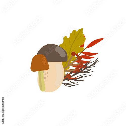 Composition with leaves and berries. Beautiful autumn boutonniere with pumpkin, berries and leaves.