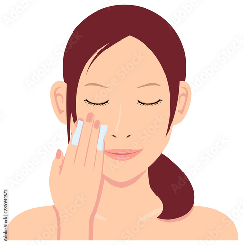 Young asian woman face vector illustration / cotton, makeup removal
