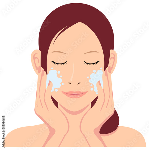 Young asian woman face vector illustration / cleansing, makeup removal