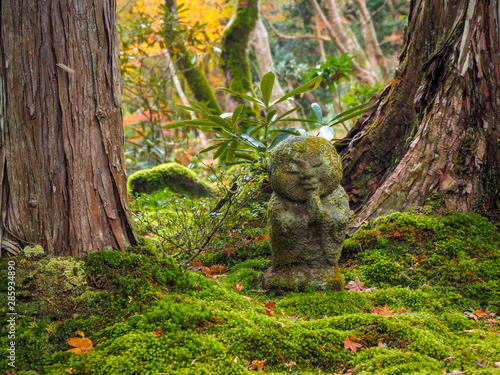 Japanese stone buddha sculpture doll (jizo) on mossy ground for background with copy space © Akara