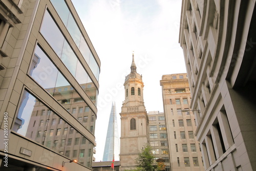 Downtown office cityscape and St Magnus The Martyr church London England