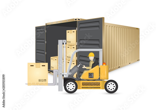 Vector of operator, driver or worker to handling box on pallet into storage or cargo container by forklift, equipment for logistic, shipping and delivery. Freight transport and distribution industry.