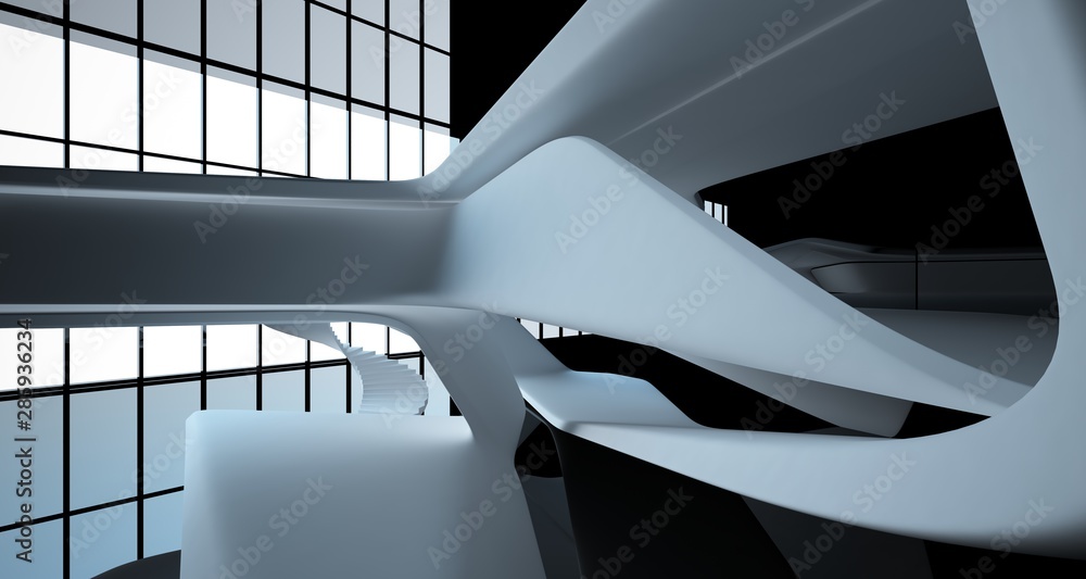 Abstract smooth architectural white and black gloss interior of a minimalist house with large windows. 3D illustration and rendering. Abstract smooth architectural white and black gloss interior of a minimalist house with large windows. 3D illustration and rendering.