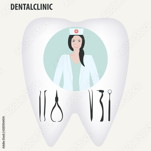 Dentist icon. Doctor woman with a smile, tools - vector. Tooth protection.