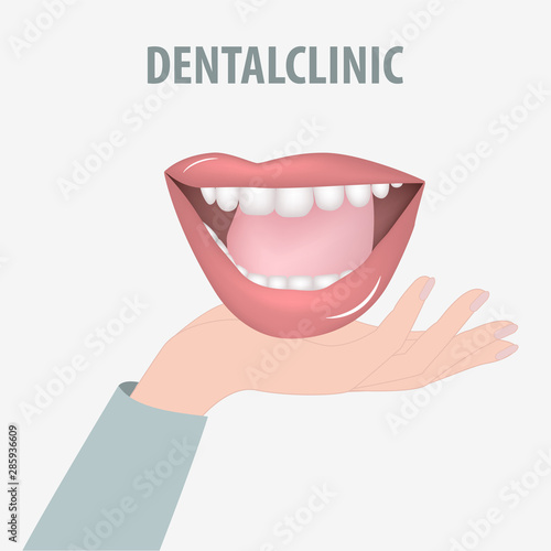 Dentist icon. On a palm - an open female mouth, tongue, beautiful teeth - vector. Tooth protection.