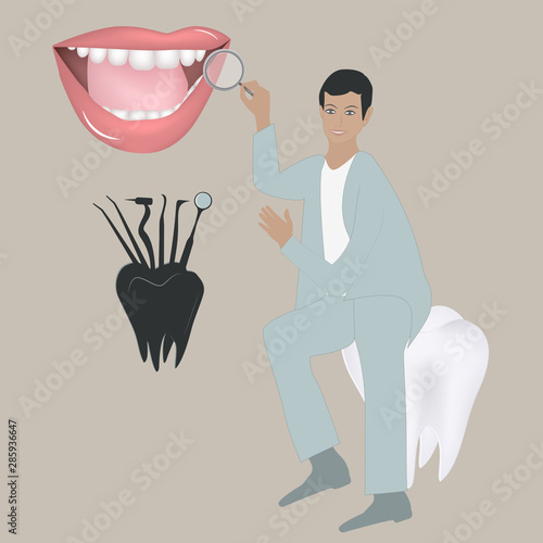 Dentistry - a cute young doctor with a magnifying glass in his hand, a female mouth, beautiful teeth - vector. Tooth protection. Dentist icon.