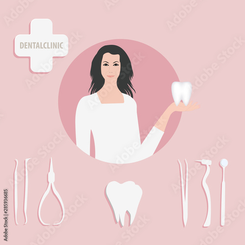 Dentistry - woman doctor holds a tooth in her hand, tools, medicines - vector. Tooth protection. Dentist icon.