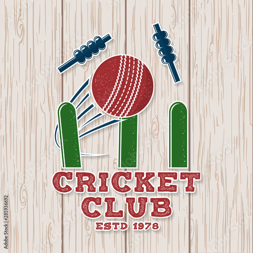 Cricket club patch or sticker. Vector. Concept for shirt, print, stamp or tee. Vintage typography design with wicket, bail and cricket ball silhouette. Templates for sports club.