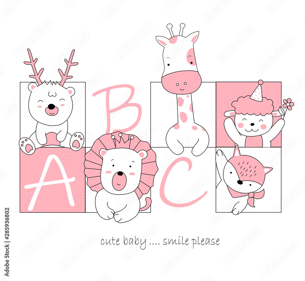 The cute animal cartoon in frame. Hand drawn cartoon style The cute animal cartoon in frame. Hand drawn cartoon style