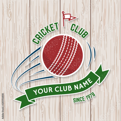 Cricket club patch or sticker. Vector. Concept for shirt, stamp or tee. Vintage typography design with flying ball and ribbon silhouette. Templates for sports club. Monochrome simple style