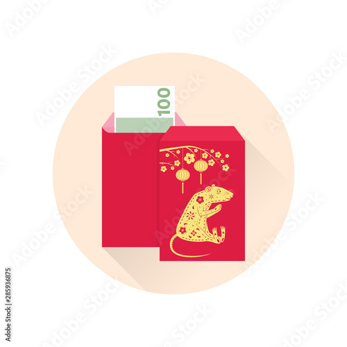 Chinese New Year red envelope flat icon. Vector. Red packet with gold rat and lanterns. Chinese New Year 2019 year of the rat.