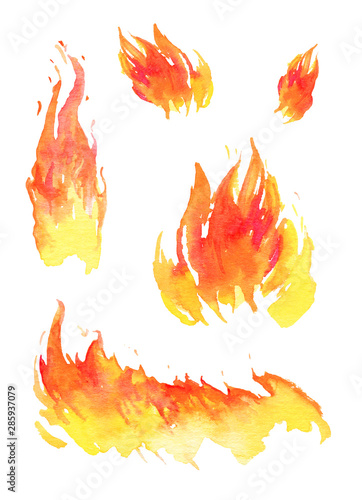 Watercolor fire. Set of different hand drawn flames. Isolated sketch illustration