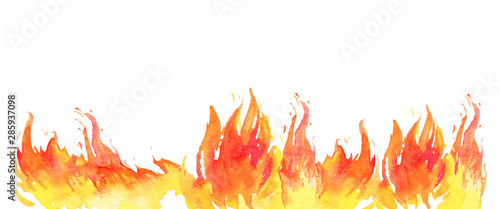 Watercolor fire in a line on the bottom of the page. Design template with hand drawn flames. Isolated sketch illustration