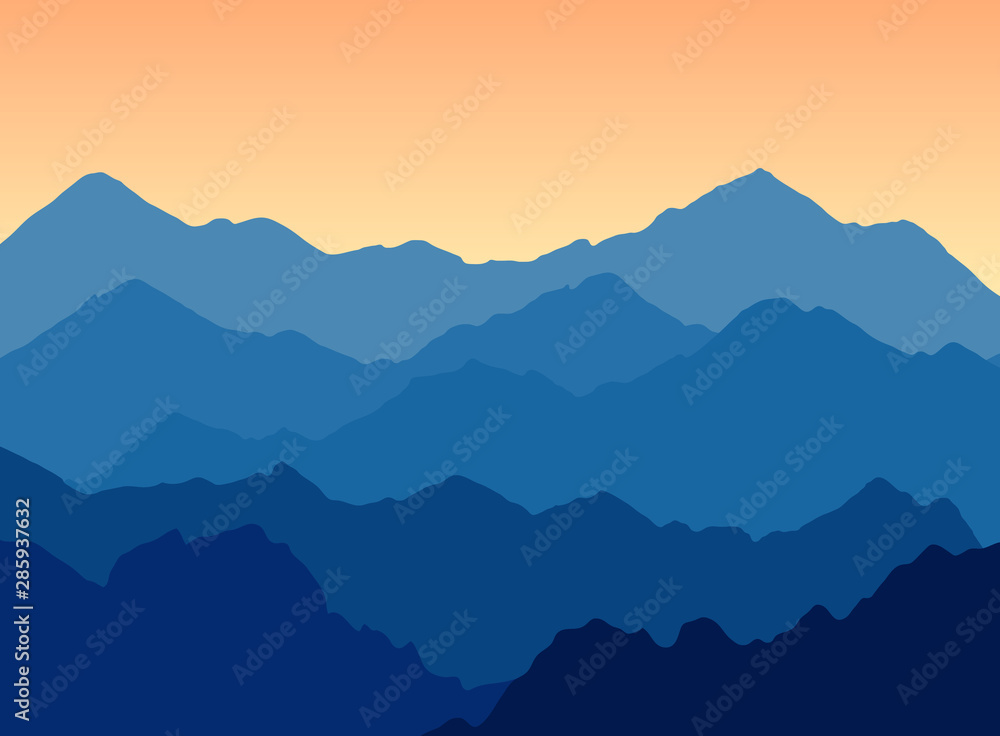 Vector illustration of mountains landscape at dusk - Great scenic panorama for travel company with copy space