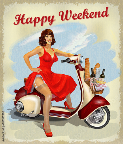 Pin-up girl on old scooter with  basket of food for  weekend.