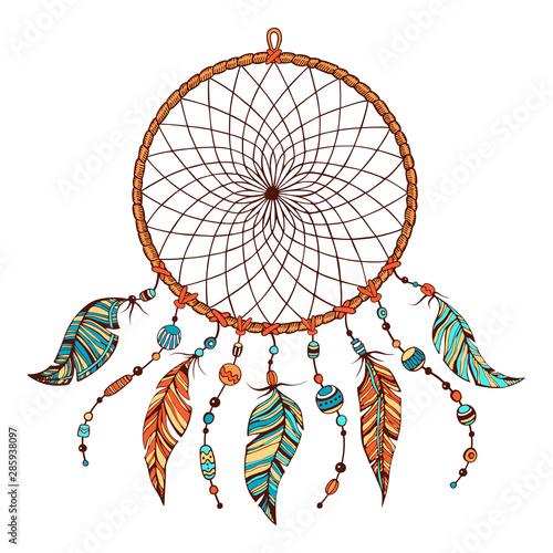 Hand drawn colorful boho illustration of indian dream catcher