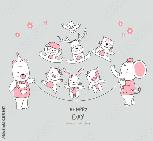 The cute baby animal enjoy life. Cartoon sketch animal style