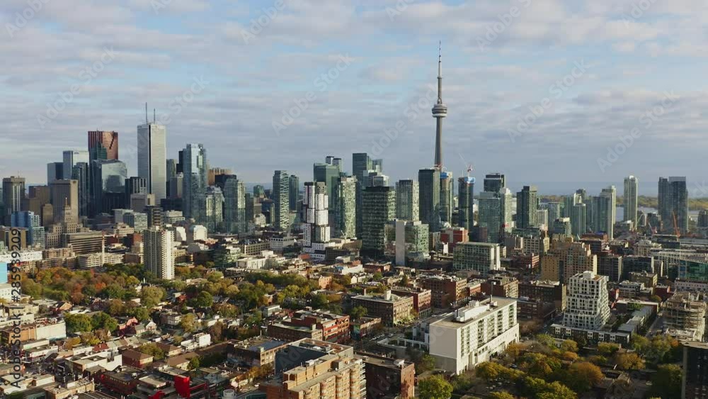 Aerial of scenic downtown Toronto and chinatown area. DOLLY LEFT