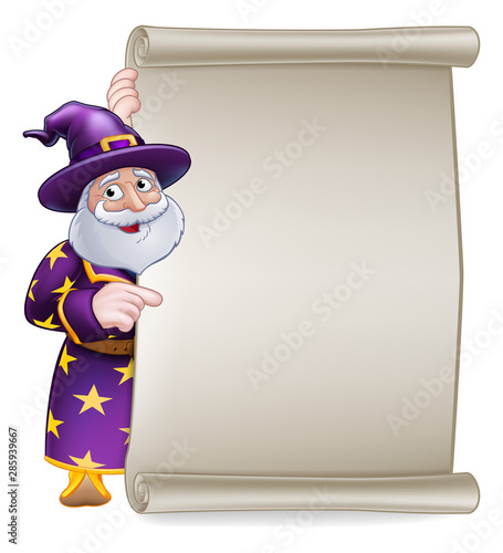 Wizard cartoon character peeking around a scroll sign pointing at it