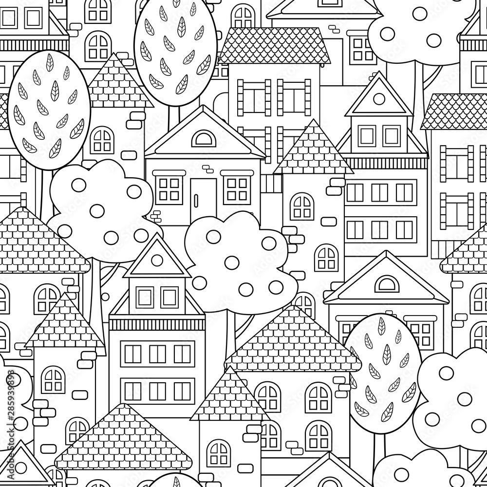 Seamless background with houses, coloring page