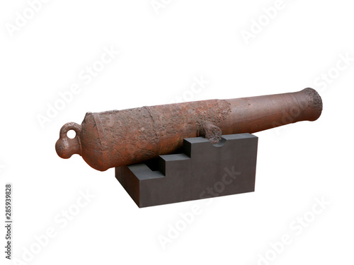 The ancient cannon is made of steel. white background.