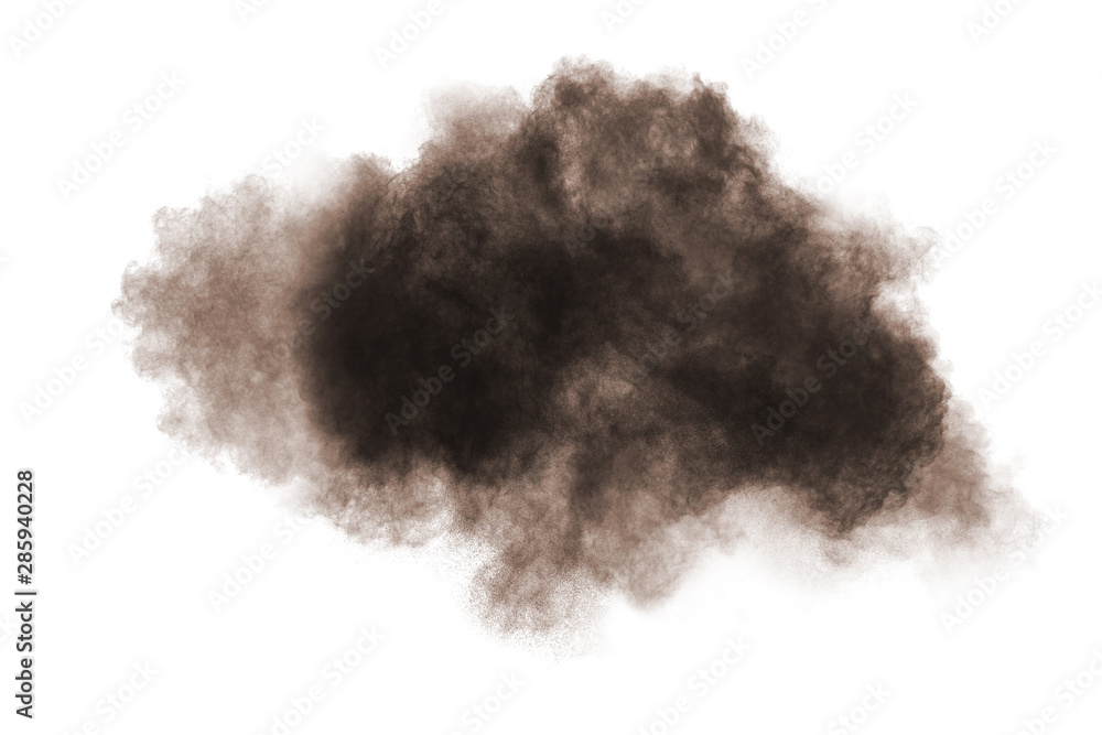 Brown powder explosion isolated on white background.