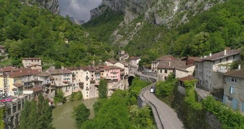 Pont-en-Royans aerial back traveling, Isère, France