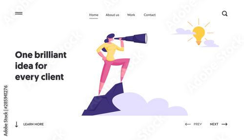 Business Vision, Recruitment Employee Website Landing Page. Businesswoman Stand on Top of Mountain Watching to Spyglass on Light Bulb in Sky. Forecast Web Page Banner. Cartoon Flat Vector Illustration