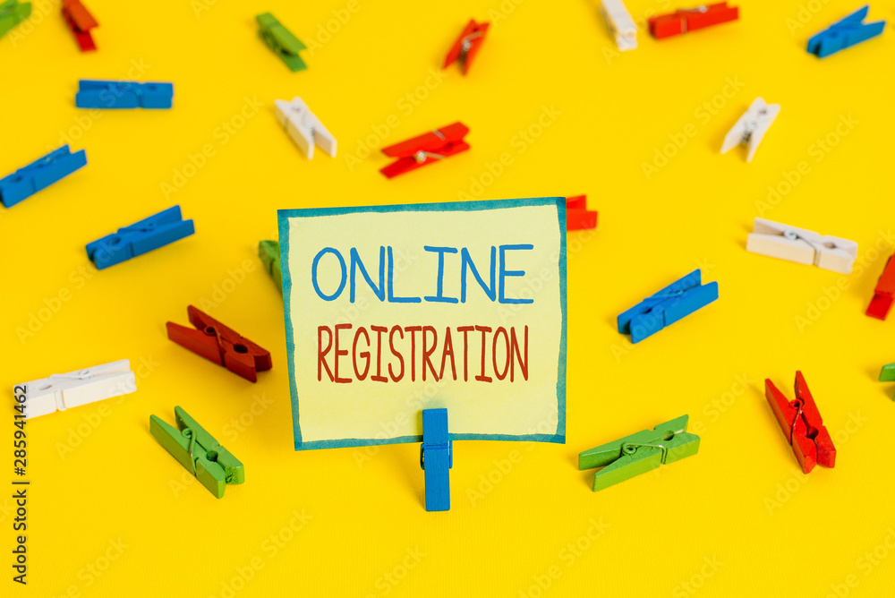 Text sign showing Online Registration. Business photo text System for subscribing or registering via the Internet Colored clothespin papers empty reminder yellow floor background office Text sign showing Online Registration. Business photo text System for subscribing or registering via the Internet Colored clothespin papers empty reminder yellow floor background office