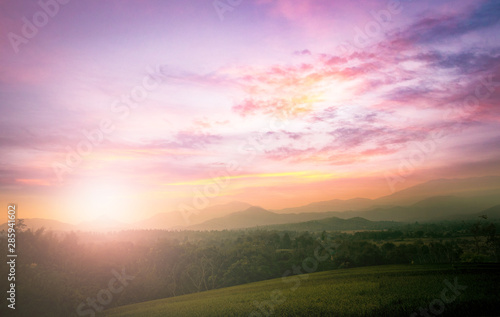 Vászonkép World environment day concept: Colorful blurred mountain and sky autumn sunset b