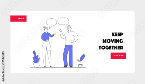 Businesspeople Discuss Website Landing Page. Characters Communication with Dialog Speech Bubbles. People Speaking Together. Teamwork and Connection Web Page Banner. Cartoon Flat Vector Illustration