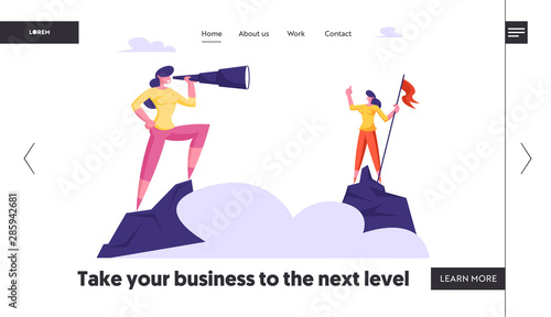 Business Character Visionary Forecast Website Landing Page. Businesswoman Stand on Top of Mountain with Red Flag Watching to Spyglass. Business Vision Web Page Banner. Cartoon Flat Vector Illustration