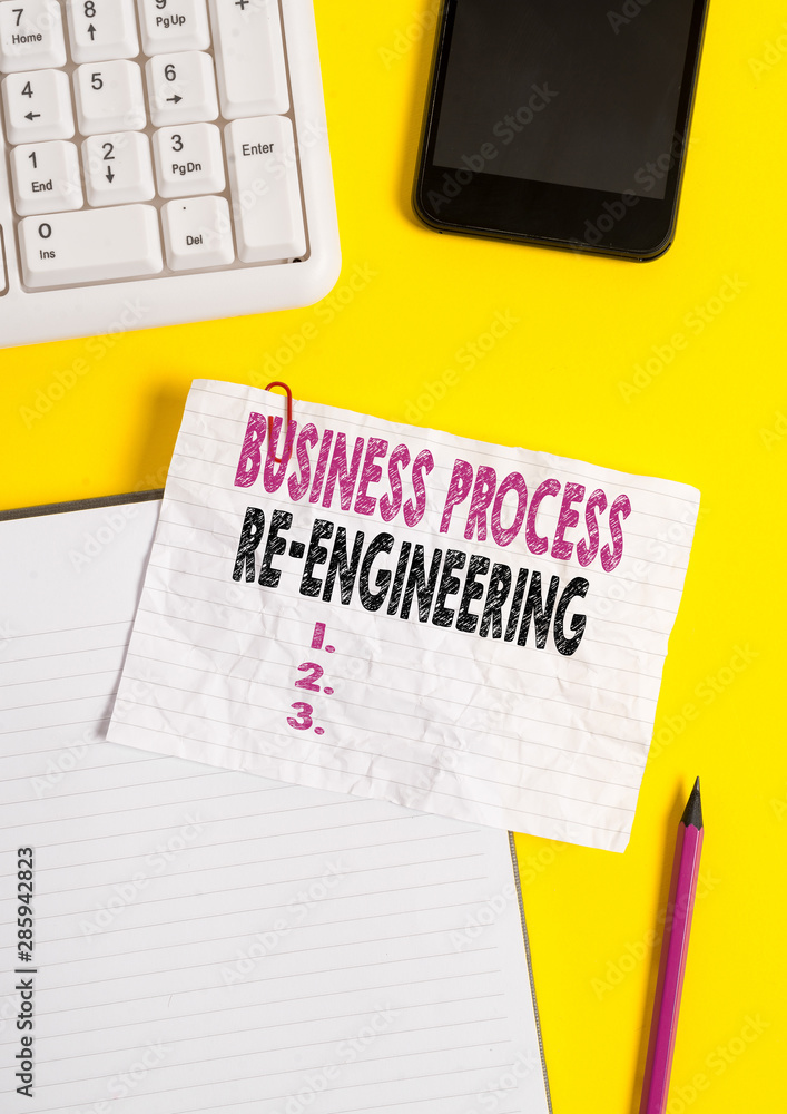Text sign showing Business Process Re Engineering. Business photo text the analysis and design of workflows Crumpled white paper on table with paper clips clock mobile and pc keyboard Text sign showing Business Process Re Engineering. Business photo text the analysis and design of workflows Crumpled white paper on table with paper clips clock mobile and pc keyboard