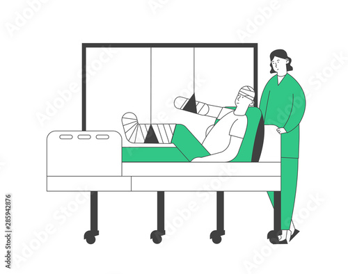 Doctor or Nurse Stand in Chamber with Patient Lying on Bed with Bounded Head, Broken Arm and Leg, Staff Medical Detour in Traumatology Department in Hospital. Cartoon Flat Vector Illustration Line Art