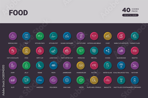 food concept 40 outline colorful round icons set