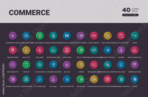 commerce concept 40 outline colorful round icons set