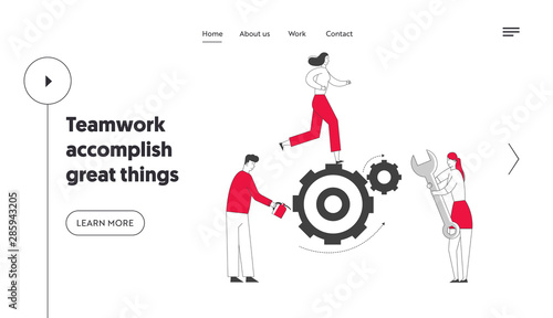 Alternative Thinking, Team Working Process Website Landing Page. Tiny Business People Generating Ideas Set in Motion Huge Cogwheels Gears Mechanism Web Page Banner. Cartoon Flat Vector Illustration