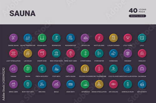 sauna concept 40 outline colorful round icons set