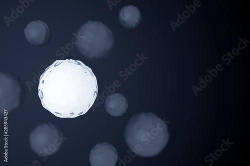 Abstraction chaotic spheres and one glowing sphere on a dark background. Flying particles or body cells in space. Depth of field effect. Scientific background with molecules. 3D rendering.